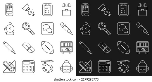 Set line School backpack, Shelf with books, Pencil eraser, Exam sheet check mark, Unknown search, Ringing alarm bell, Smartphone and Speech bubble chat icon. Vector