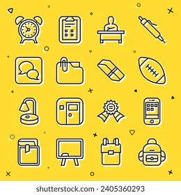 Set line School backpack, Smartphone, American football ball, Schoolboy sitting at desk, Document folder with clip, Speech bubble chat, Alarm clock and Eraser or rubber icon. Vector