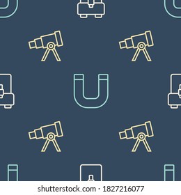 Set line School backpack, Telescope and Magnet on seamless pattern. Vector