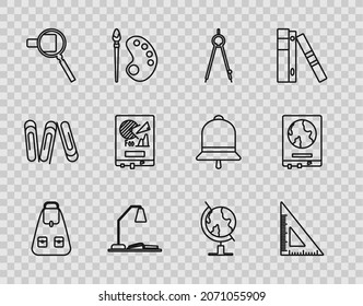 Set line School backpack, Triangular ruler, Drawing compass, Workplace with table lamp and open book, Magnifying glass, Board graph chart, Earth globe and World map on school blackboard icon. Vector