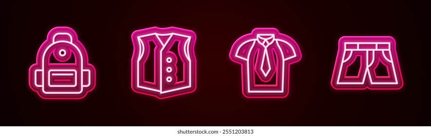 Definir linha Mochila de escola, Colete, Camisa e Curto ou calças. Ícone de néon brilhante. Vetor