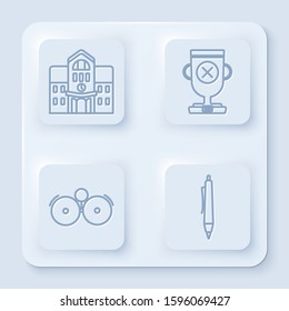Set line School building, Award cup, Ringing alarm bell and Pen. White square button. Vector