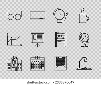 Set line School building, Calendar, Glasses, Presentation financial board graph, schedule, chart, diagram, infographic, pie graph, Exam paper incorrect answers survey and Earth globe icon. Vector