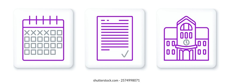 Set line School building, Calendar and Exam sheet with check mark icon. Vector