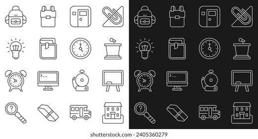 Set line School building, Chalkboard, Stage stand, classroom, Book, Light bulb, backpack and Clock icon. Vector