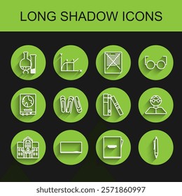 Set line School building, Chalkboard, Test tube and flask chemical laboratory test, Notebook, Pen, Paper clip, Student and Office folders with papers documents icon. Vector