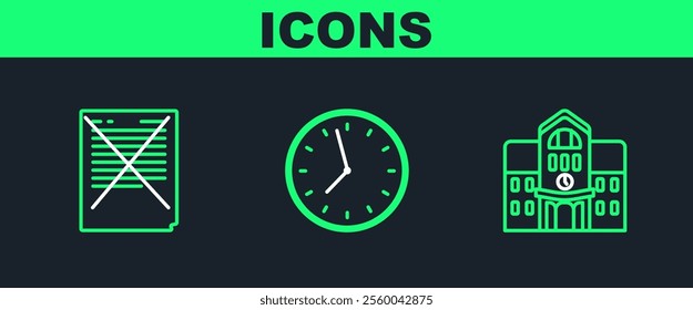 Set line School building, Exam paper with incorrect answers survey and Clock icon. Vector