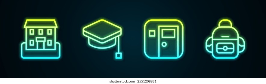 Set line School building, Graduation cap, classroom and backpack. Glowing neon icon. Vector