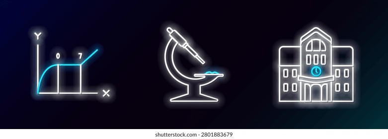 Set line School building, Pie chart infographic and Microscope icon. Glowing neon. Vector