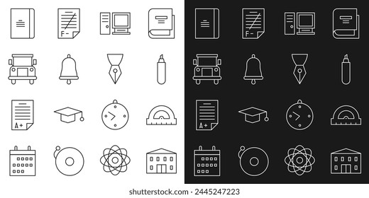 Fijar línea Edificio escolar, transportador, rotulador, monitor de computadora, timbre, autobús, cuaderno espiral e icono de plumilla de fuente. Vector