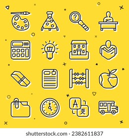 Set line School Bus, Apple, Man reading book, Unknown search, Light bulb, Calculator, Paint brush with palette and building icon. Vector