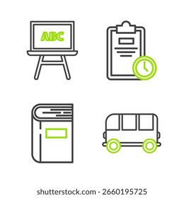 Fije el autobús escolar de la línea, el libro, la hoja del examen con el reloj y el icono de la pizarra. Vector