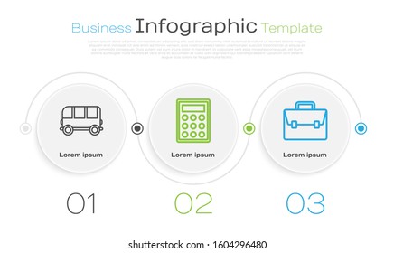 Set line School Bus, Calculator and Briefcase. Business infographic template. Vector