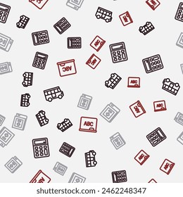 Set line School Bus, Calculator, Book with mathematics and Chalkboard on seamless pattern. Vector