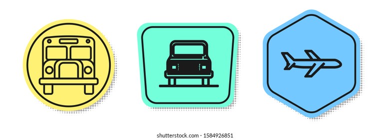 Set line School Bus, Car and Plane. Colored shapes. Vector