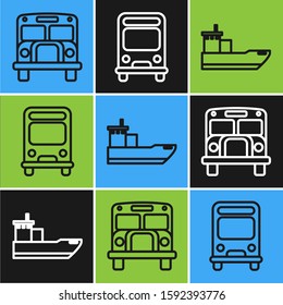 Set line School Bus, Cargo ship and Bus icon. Vector