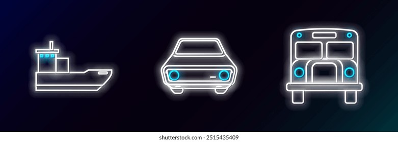 Set line School Bus, Cargo ship and  icon. Glowing neon. Vector