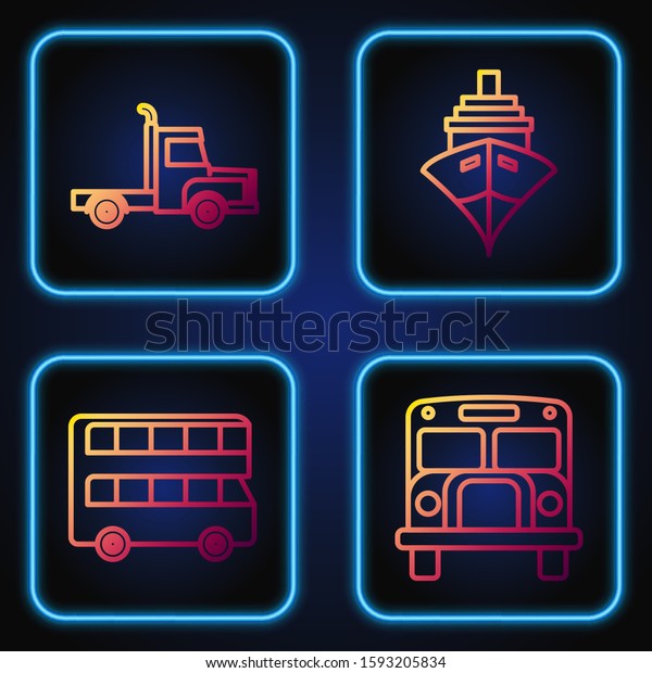Set line\
School Bus, Double decker bus, Delivery cargo truck vehicle and\
Cargo ship. Gradient color icons.\
Vector