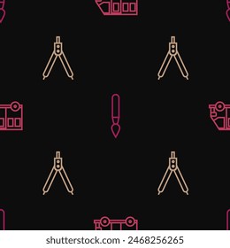 Set line School Bus, Drawing compass and Paint brush on seamless pattern. Vector