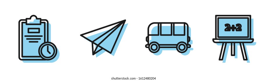 Set line School Bus, Exam sheet with clock, Paper airplane and Chalkboard icon. Vector