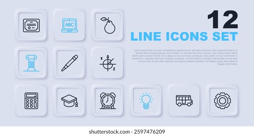 Set line School Bus, Gear, Pencil with eraser, Creative lamp light idea, Law pillar, Graduation cap, Laptop and Alarm clock icon. Vector