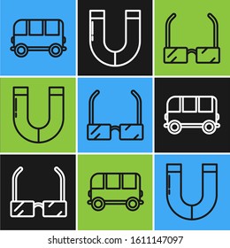 Set line School Bus, Glasses and Magnet icon. Vector