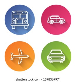 Set line School Bus, Hatchback car, Plane and Car. Color circle button. Vector