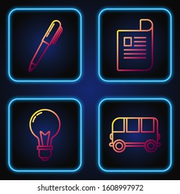 Set line School Bus, Light bulb with concept of idea, Pen and Document. Gradient color icons. Vector