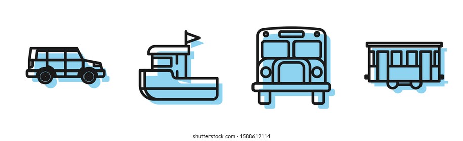 Set line School Bus, Off road car, Fishing boat and Old city tram icon. Vector
