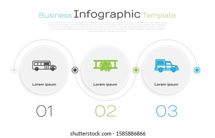 Set line School Bus, Old retro vintage plane and Delivery cargo truck vehicle. Business infographic template. Vector