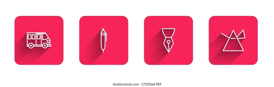 Set Linie Schulbus, Stift, Füllfederfeder und Lichtstrahlen Prisma mit langem Schatten. Roter quadratischer Knopf. Vektorgrafik