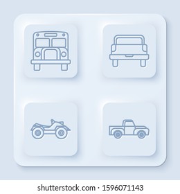 Set line School Bus, Pickup truck, All Terrain Vehicle or ATV motorcycle and Pickup truck. White square button. Vector