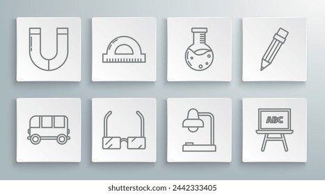 Set line School Bus, Protractor grid for measuring degrees, Glasses, Table lamp, Chalkboard, Test tube and flask chemical laboratory, Pencil with eraser and Magnet icon. Vector