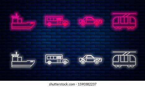 Set line School Bus, Sedan car, Cargo ship and Tram and railway. Glowing neon icon on brick wall. Vector