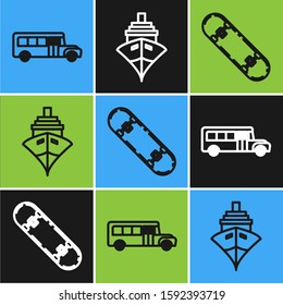 Set line School Bus, Skateboard and Cargo ship icon. Vector