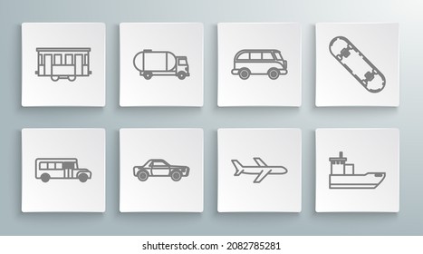 Set line School Bus, Tanker truck, Sedan car, Plane, Cargo ship, Retro minivan, Skateboard and Old city tram icon. Vector