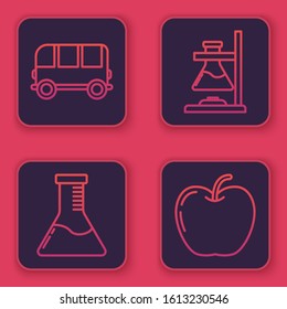 Set line School Bus, Test tube and flask chemical laboratory, Glass test tube flask on fire and Apple. Blue square button. Vector