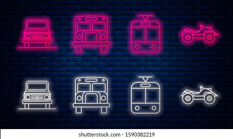 Set line School Bus, Tram and railway, Car and All Terrain Vehicle or ATV motorcycle. Glowing neon icon on brick wall. Vector
