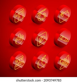 Set line School classroom, Paint brush with palette, Document folder clip, Man reading book, Paper airplane, Pencil eraser, building and Apple icon. Vector