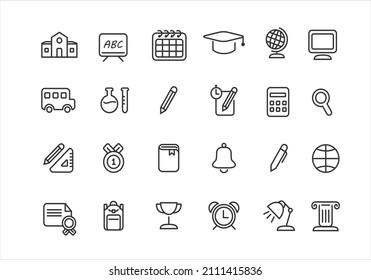 Set of line school icons on white background, vector illustration