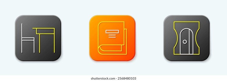 Set line School table and chair, Book and Pencil sharpener icon. Vector