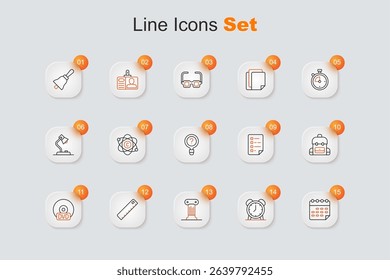 Set line School timetable, Alarm clock, Law pillar, Ruler, CD or DVD disk, backpack, Clipboard with checklist and Unknown search icon. Vector