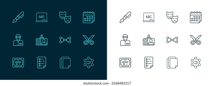 Set line School timetable, Clipboard with checklist, Molecule, File document, Identification badge, Comedy and tragedy masks, Fountain pen nib and Chalkboard icon. Vector