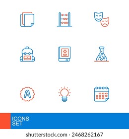 Set line School timetable, Creative lamp light idea, Exam sheet with A plus grade, Test tube, backpack, Book mathematics, Comedy and tragedy masks and Abacus icon. Vector