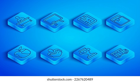 Set line Schoolboy sitting at desk, Chalkboard, Exam sheet with check mark, Man reading book, Award cup, Book, Apple and Bus icon. Vector