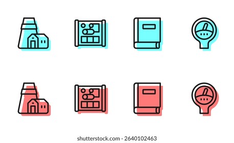Set line Science book, Power station plant, Graphing paper for engineering and Gauge scale icon. Vector