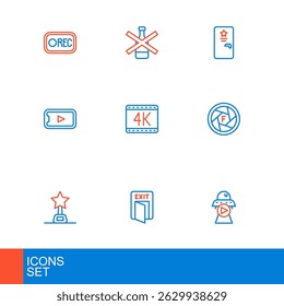 Set line Science fiction, Fire exit, Movie trophy, Camera shutter, Online play video, 4k movie, Backstage and No alcohol icon. Vector