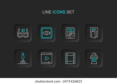 Set line Science fiction, Play video, Online play, Movie trophy, Fire exit, CD disk award frame, Rating movie and 3D cinema glasses icon. Vector