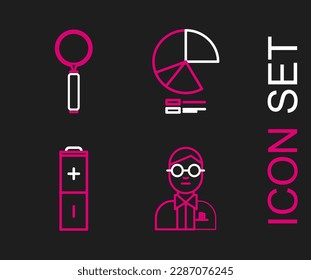 Fijar la línea Científico, Batería, Icono de la gráfica de tubería infografía e Icono de la lupa. Vector