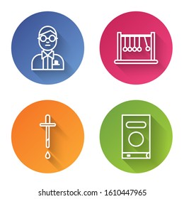 Set line Scientist, Pendulum, Pipette and Book. Color circle button. Vector